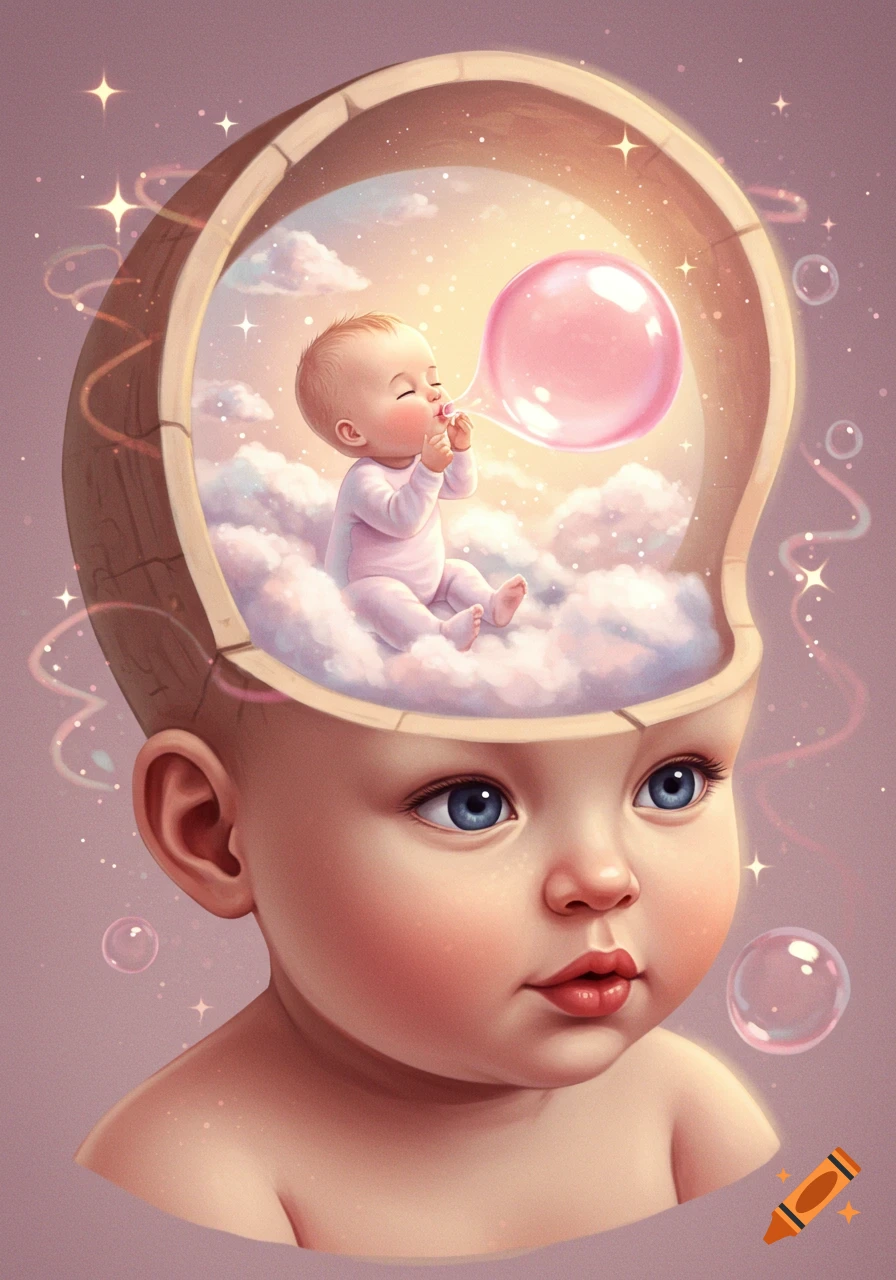 Whimsical illustration of a baby with an open head, revealing a baby on clouds blowing a pink bubble, surrounded by stars.
