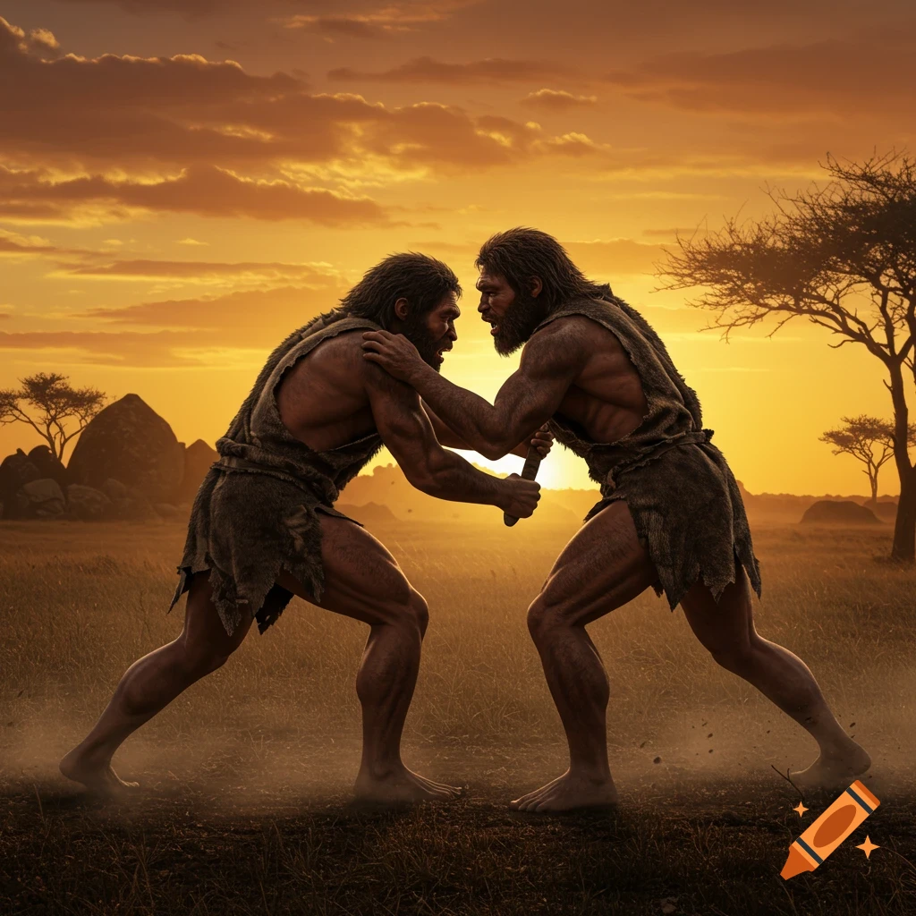 Photorealistic image of two muscular cavemen wrestling in a savanna landscape at sunset.