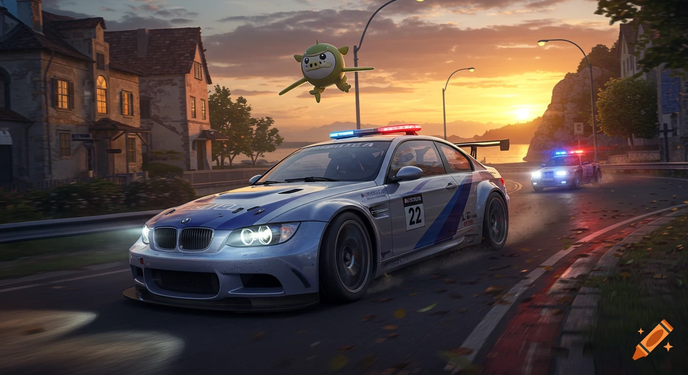 Photorealistic image of a silver BMW M3 GTR police car speeding on a coastal road at sunset, with a green Pok nmon-like creature flying above.
