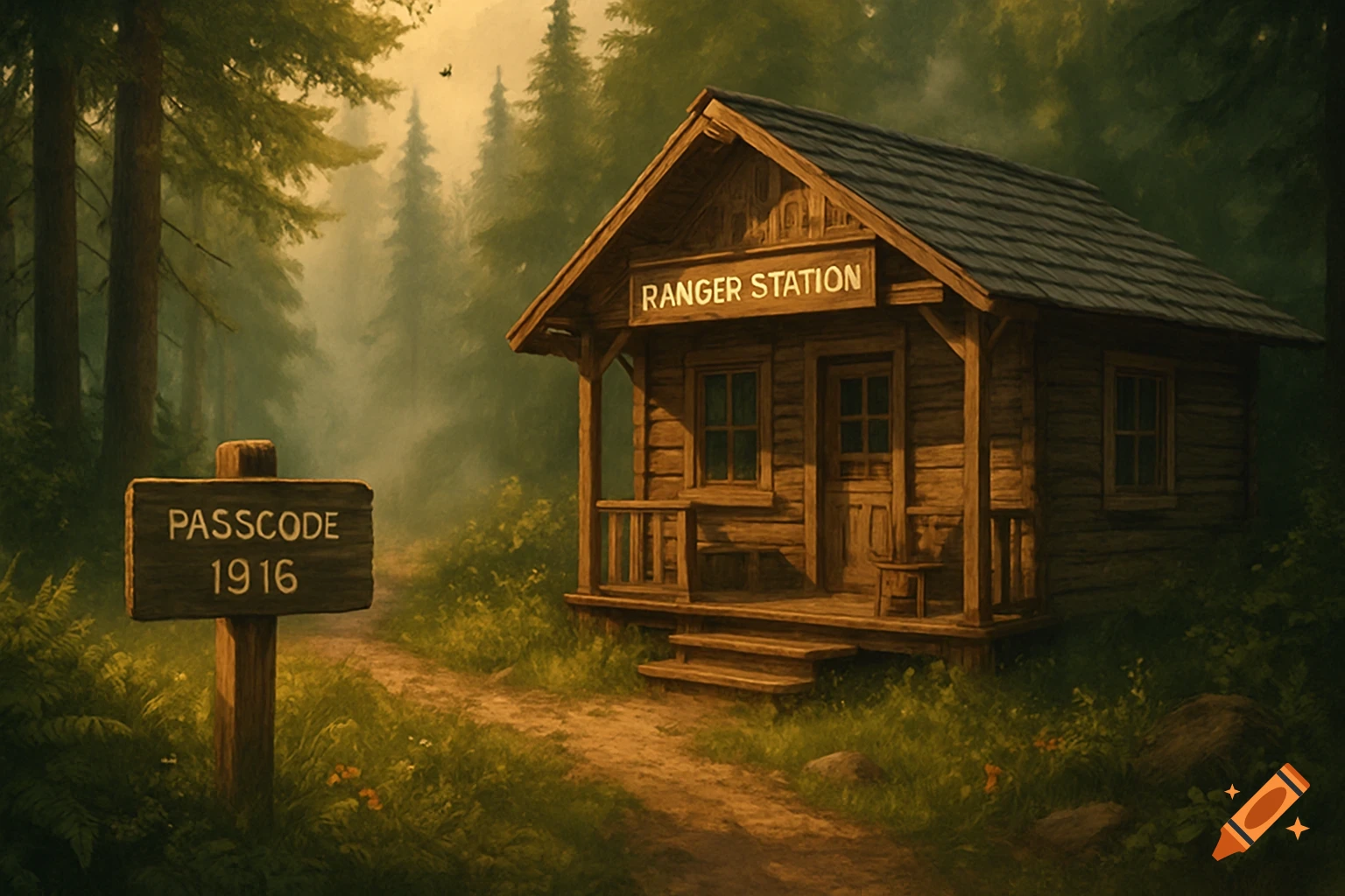 A rustic wooden ranger station in a foggy forest, with a dirt path and a sign reading 'PASSCODE 1916'.