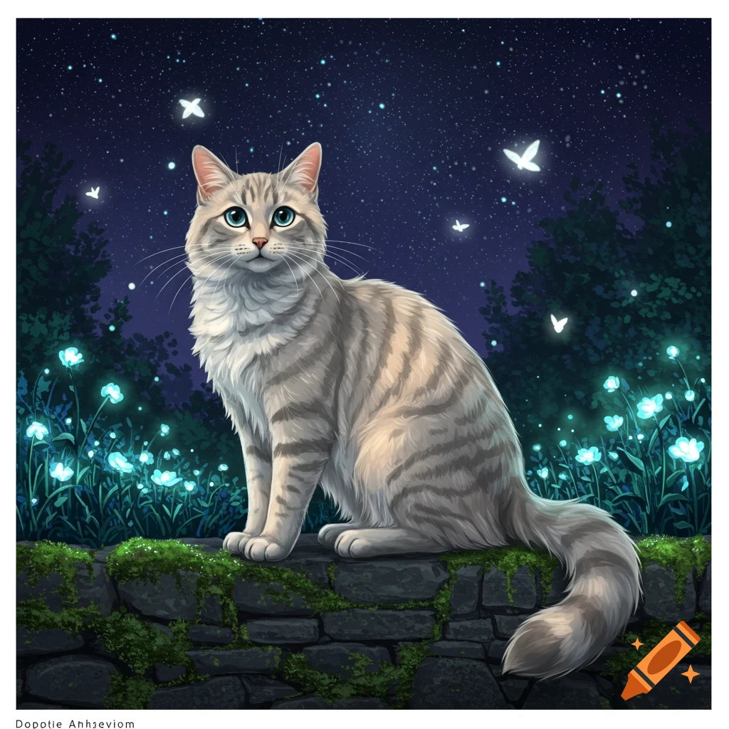 An illustrated gray tabby cat sits on a mossy stone wall in a magical night garden with glowing blue flowers and stars.