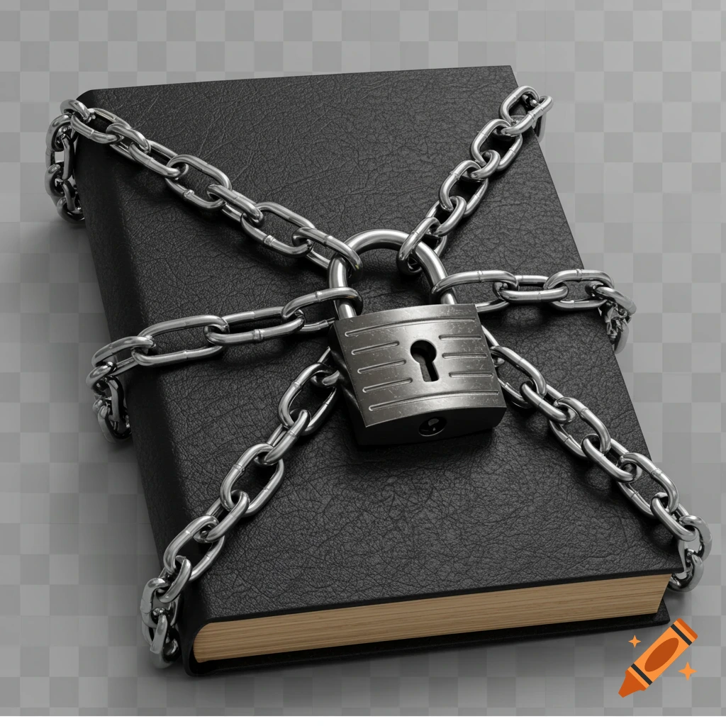 A black book tightly wrapped with shiny metal chains, secured by a large padlock in the center, rendered realistically on a transparent background.