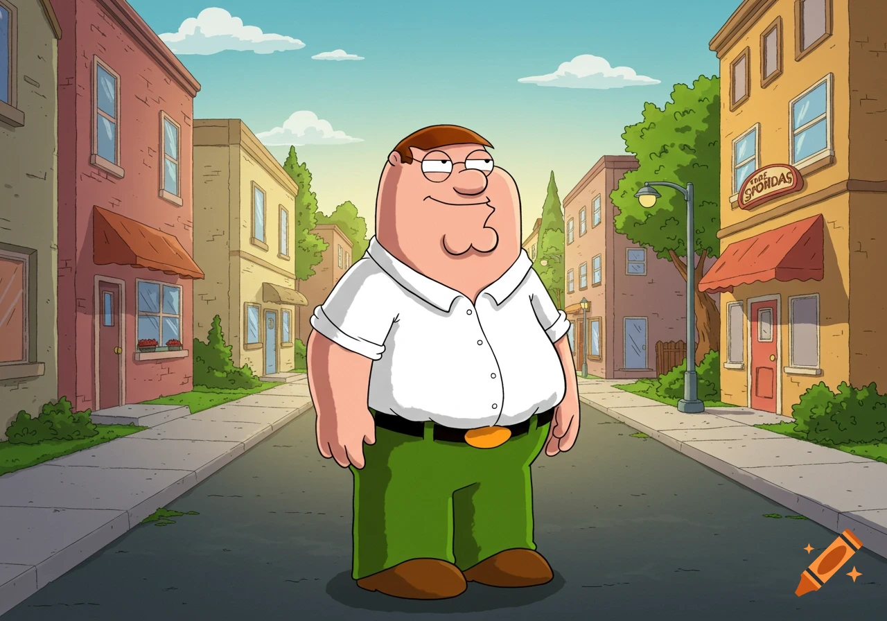 Peter Griffin from Family Guy stands on a street in front of cartoon buildings under a blue sky.