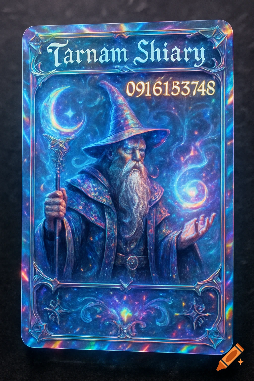 A fantasy gaming card featuring a wizard holding a crescent moon staff amidst a galaxy background, with text 'Tarnam Shiary' and '0916153748'.