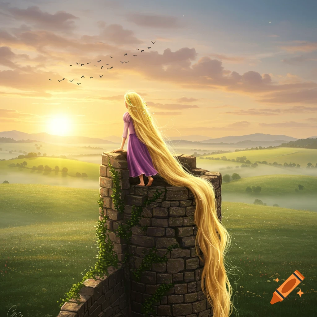 Rapunzel sits on a stone tower, her long blonde hair cascading down, looking at a sunrise over a misty, green valley. Digital art.