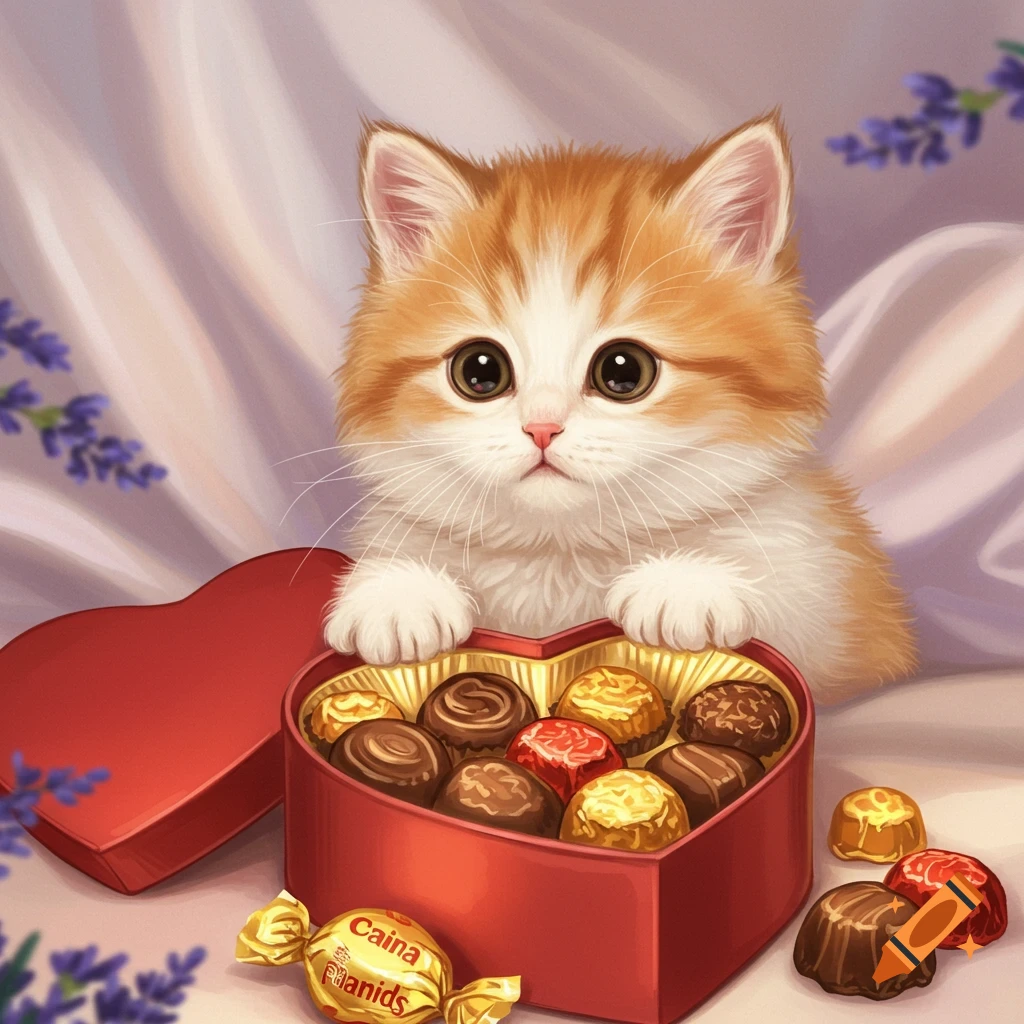 Cute orange and white kitten peeking over a heart-shaped box of chocolates, with lavender flowers in a soft, illustrative style.