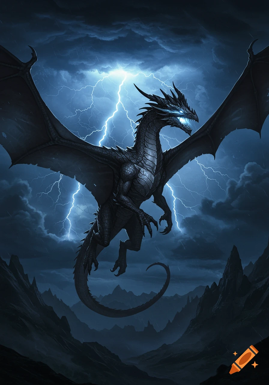 A powerful black dragon with glowing blue eyes and mouth flies through a dark, stormy sky with bright lightning over a mountain range.