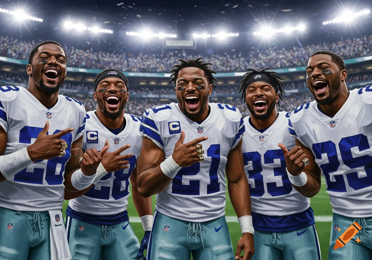 Five illustrated Dallas Cowboys football players in uniforms are laughing on a brightly lit stadium field.