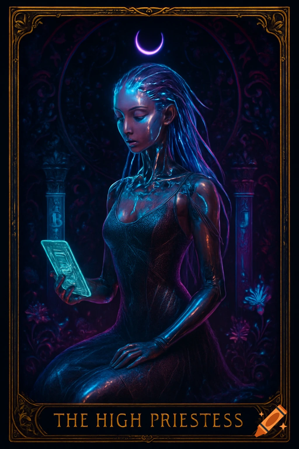 A cyberpunk High Priestess tarot card featuring a glowing android woman in a dark, neon violet and cyan palette, holding a digital scroll, with 'THE HIGH PRIESTESS' text at the bottom. Stylized, ultrarealistic.