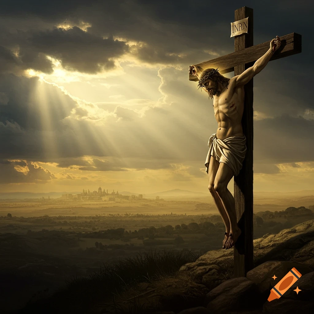 Photorealistic depiction of Jesus Christ crucified on a cross on a rocky hilltop, bathed in divine light under a dramatic sky with a city in the distance.