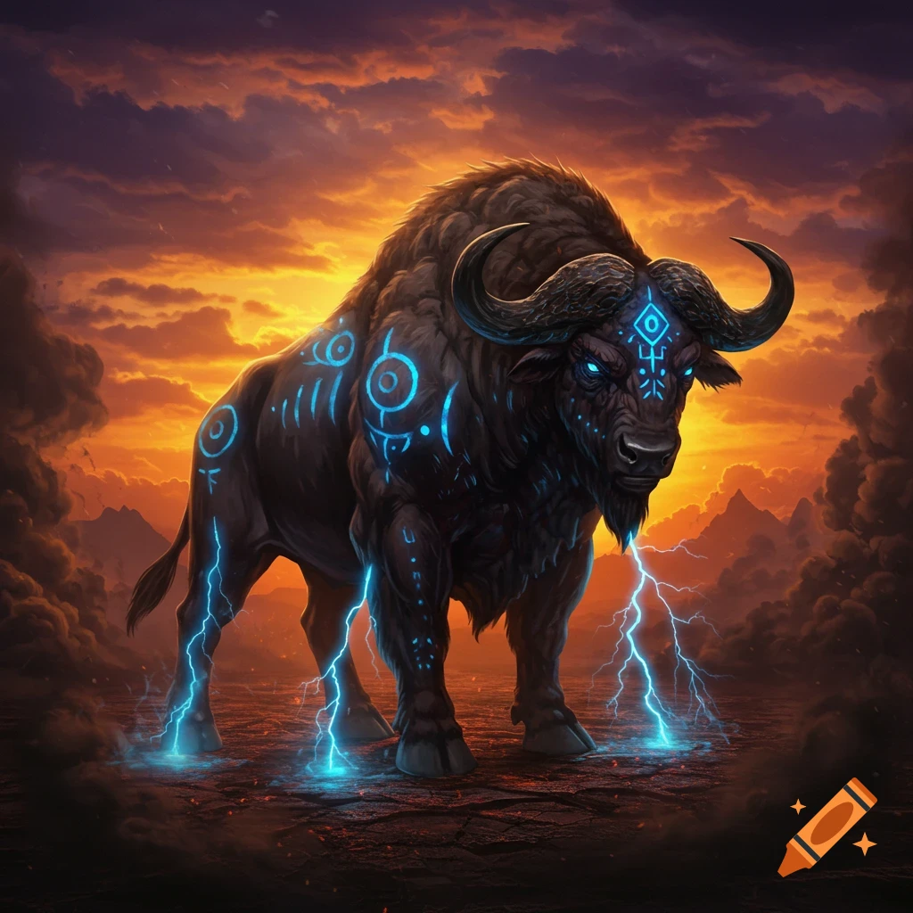 A powerful, dark buffalo demon with glowing blue runes and electric sparks stands under an orange, stormy sky.