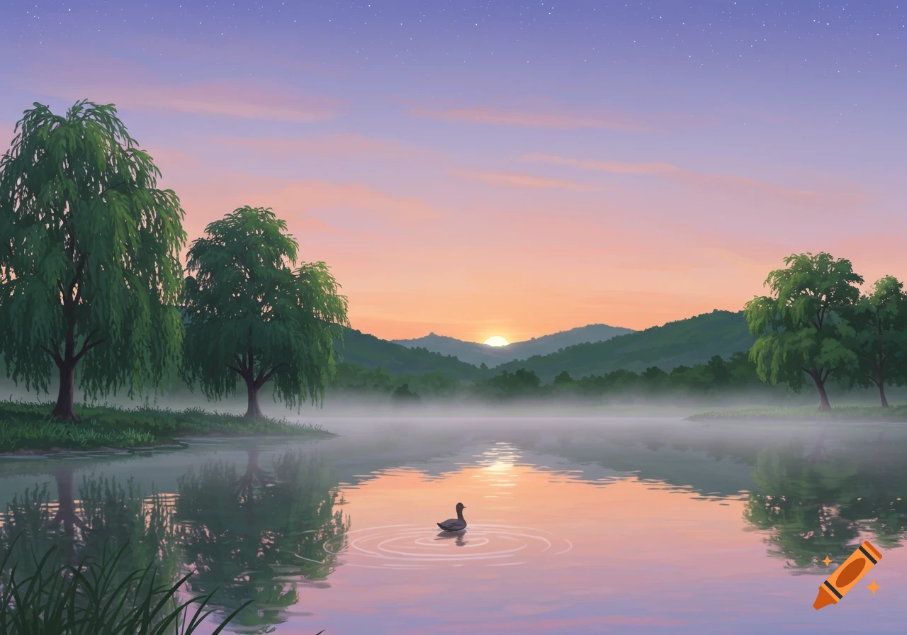 Stylized illustration of a duck on a misty lake at sunrise, flanked by trees and mountains under a pastel sky.
