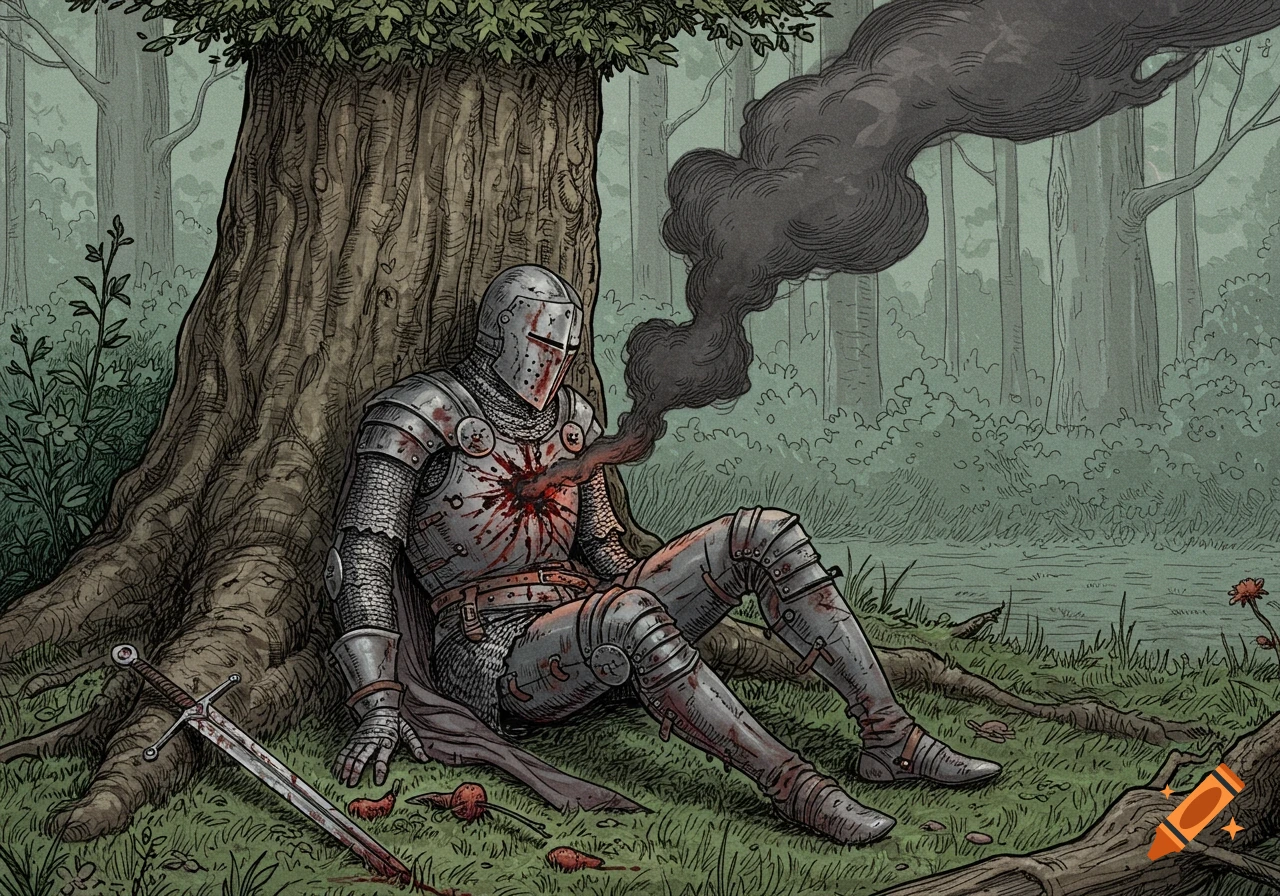 An illustrated medieval knight with a bloody chest wound emitting black smoke, sitting against a tree in a forest. A bloody sword rests nearby.