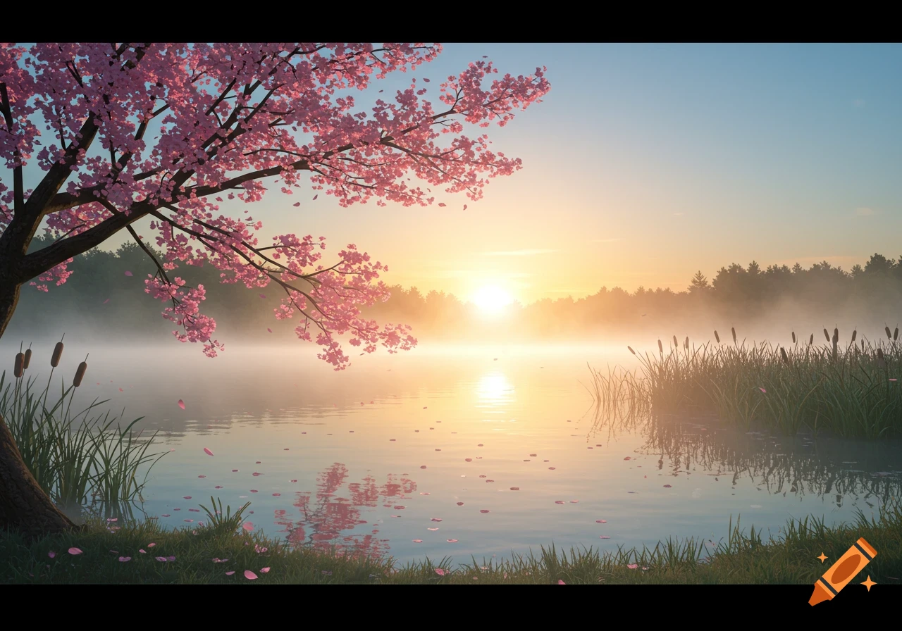 A tranquil sunrise over a misty lake with a cherry blossom tree blooming on the left, its pink petals falling onto the water.