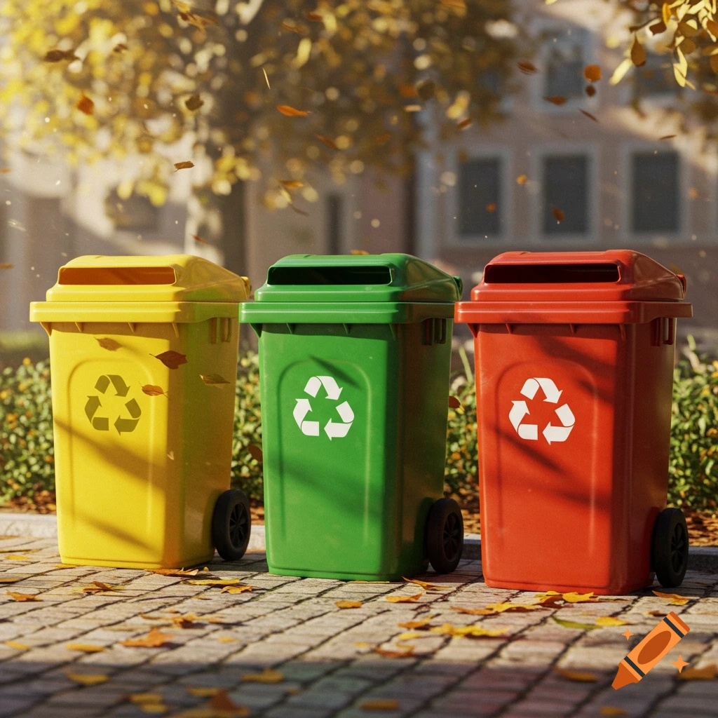 Three colorful recycling bins in yellow, green, and red stand on a paved area with fallen autumn leaves. Blurred trees and buildings are in the background.