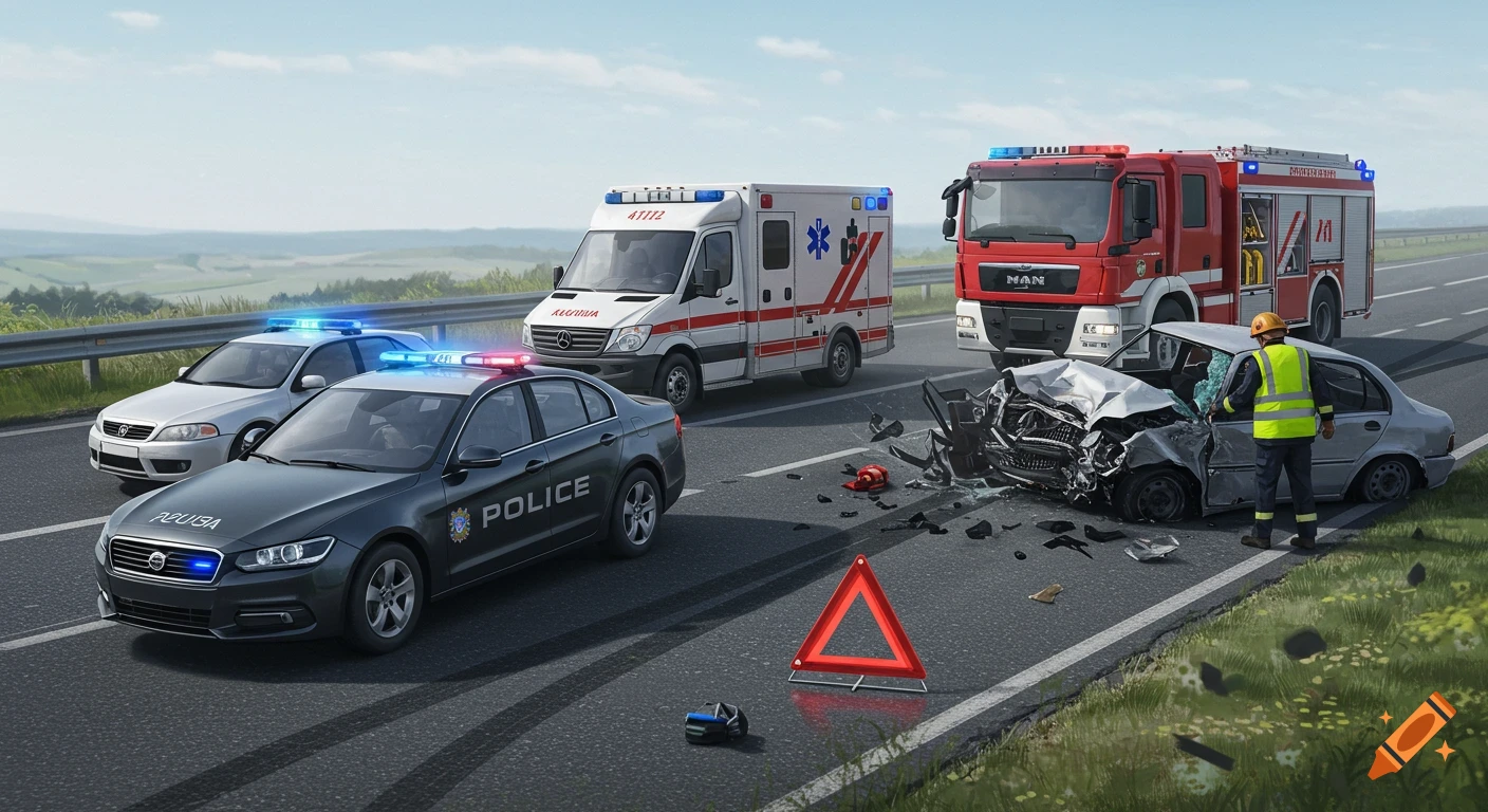 An illustrative scene of a car accident on a highway with a wrecked car, a worker, police cars, an ambulance, and a fire truck.