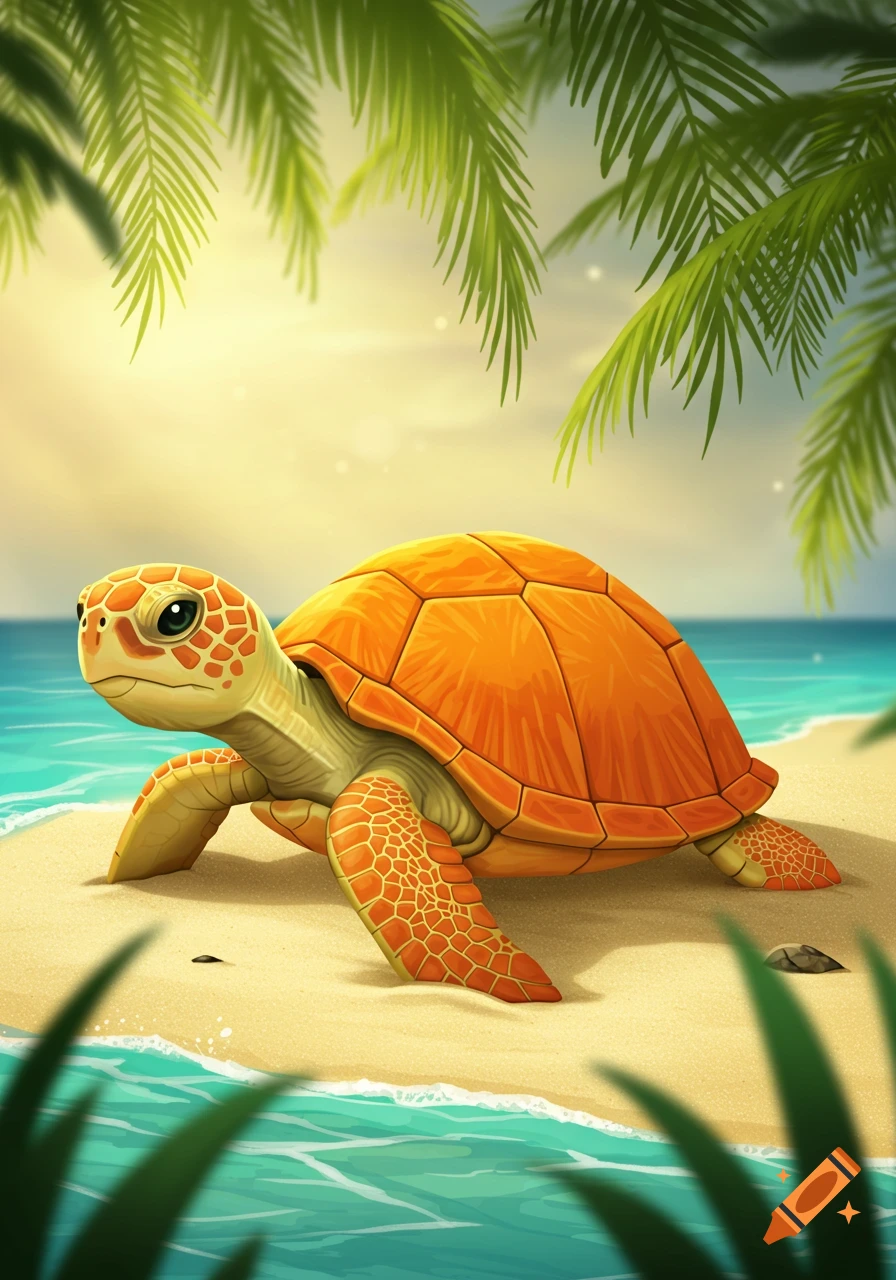 A stylized orange-shelled turtle rests on a sandy tropical beach, with turquoise water and palm fronds.