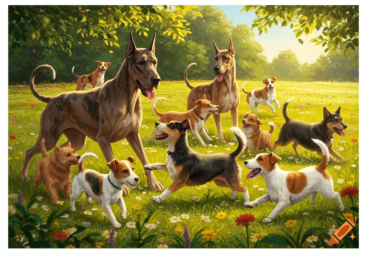 Many happy dogs of various breeds play in a sunny, wildflower-filled green field with trees in the background, in a painterly style.