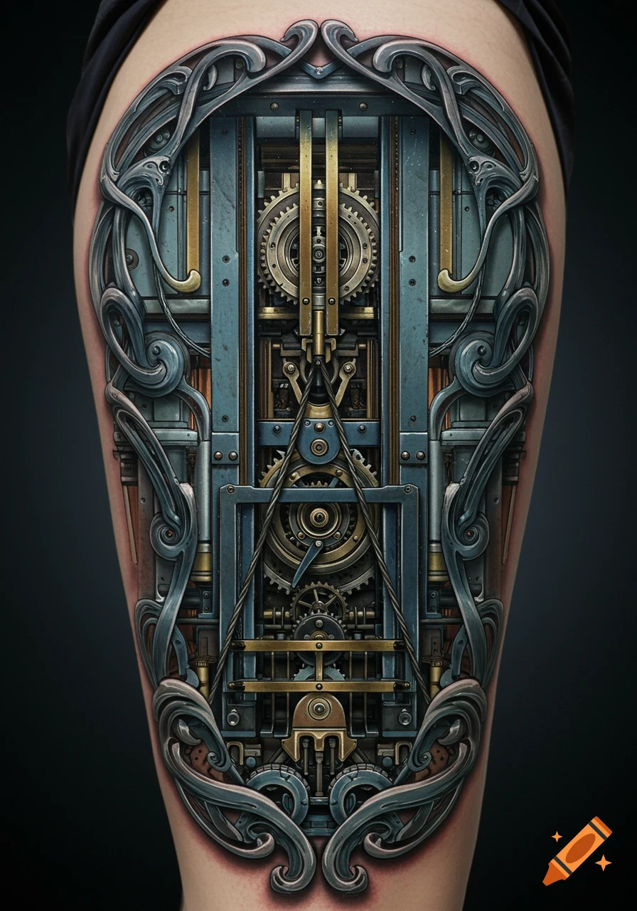 Realistic tattoo of intricate steampunk elevator machinery with gears and an ornate frame on a leg.