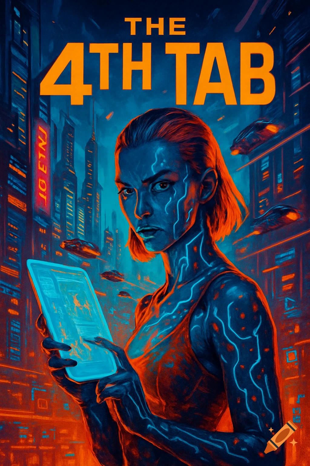 A stylized cyberpunk movie poster featuring a woman with glowing blue circuits on her skin, holding a luminous tablet, against a backdrop of a futuristic city with flying vehicles. The title "THE 4TH TAB" is prominent at the top.