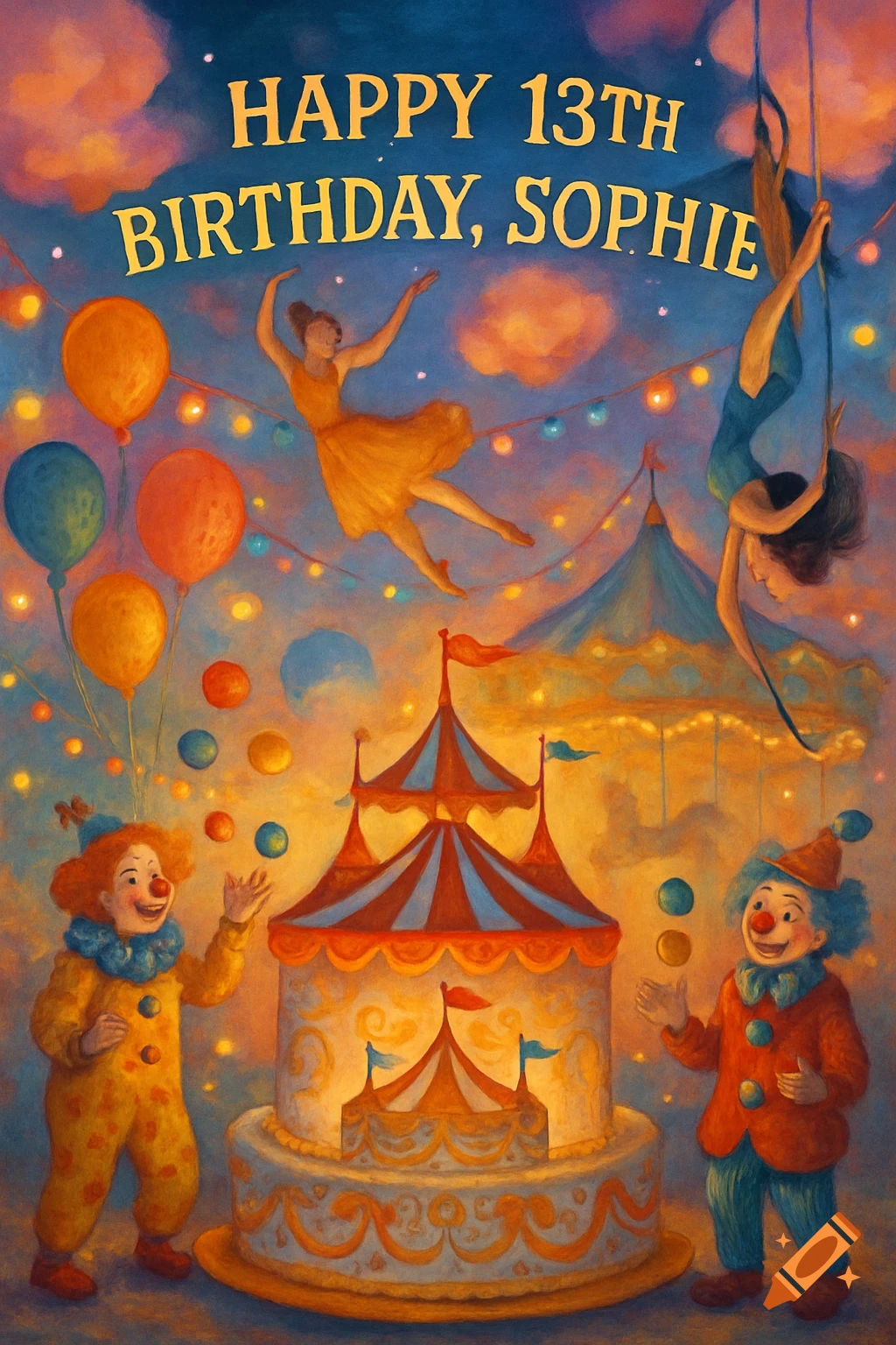 A vibrant circus-themed birthday illustration with acrobats, clowns, balloons, a cake, and 'Happy 13th Birthday, Sophie' text.