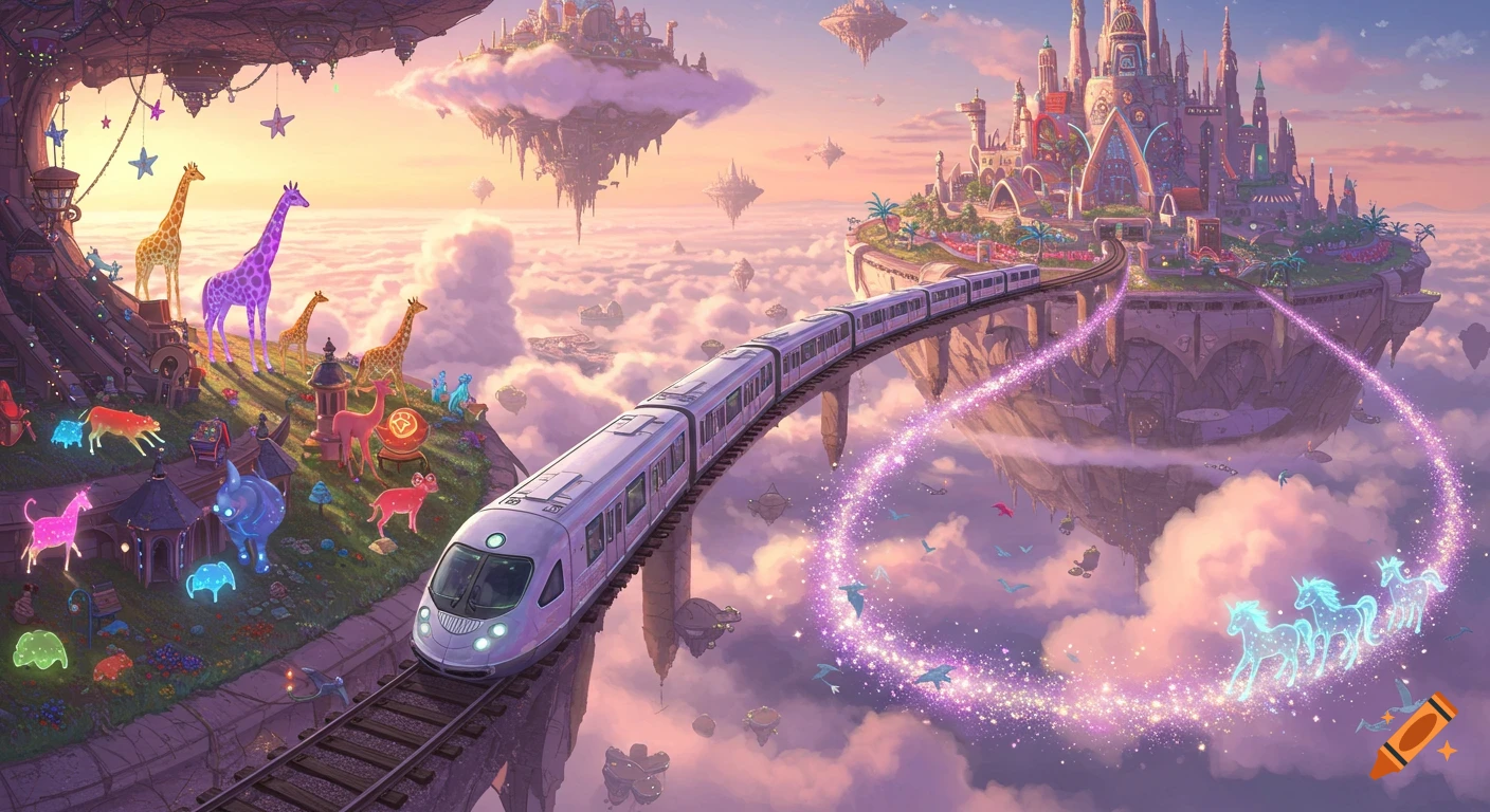 A whimsical fantasy landscape of floating islands with a train, glowing animals, and unicorns leaving a stardust trail.