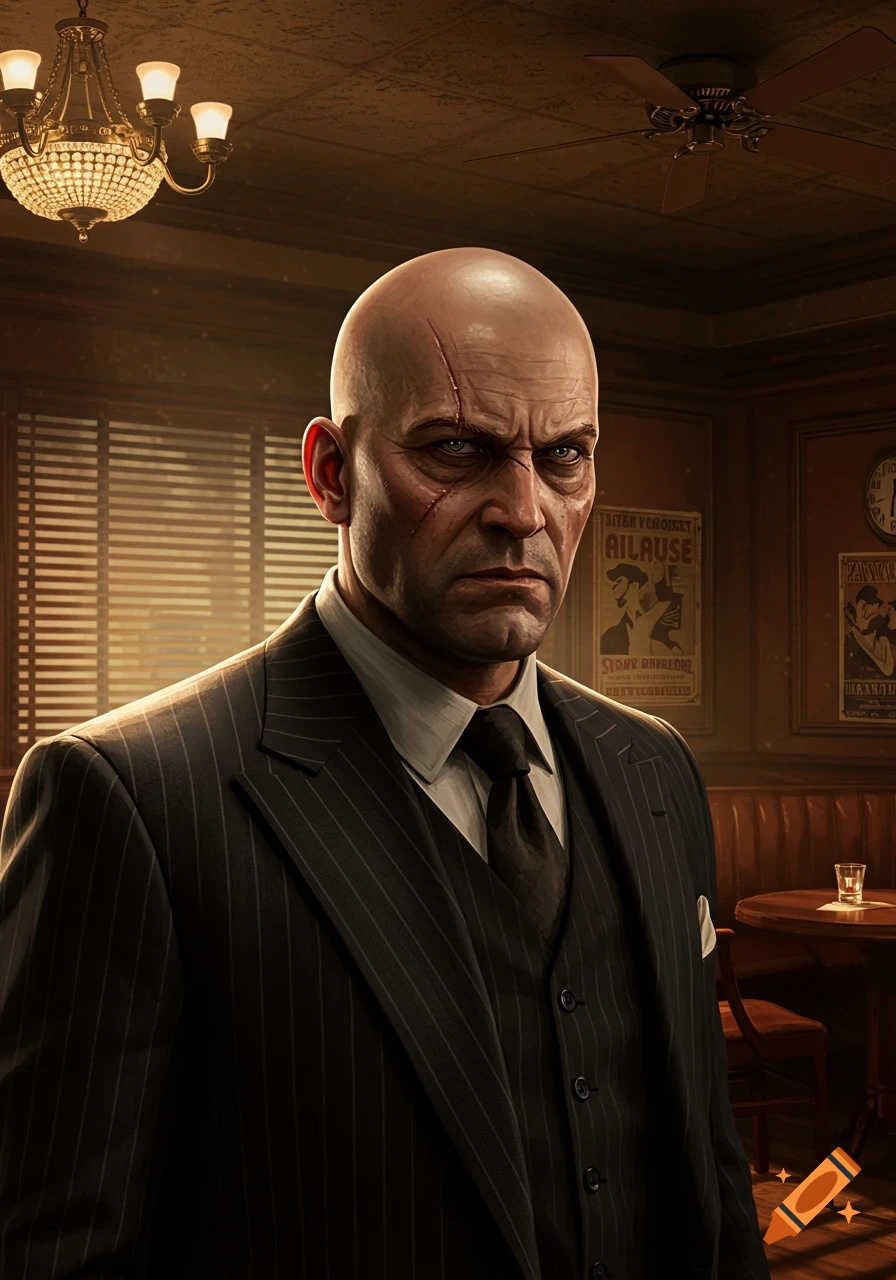 Photorealistic portrait of a bald man with facial scars, wearing a pinstripe suit, in a dimly lit 1930s-style bar.