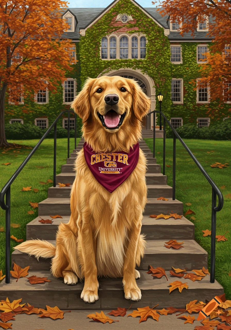 A happy golden retriever in a 'CHESTER UNIVERSITY' bandana sits on autumn leaf-covered steps in front of an ivy-covered university building, painted style.