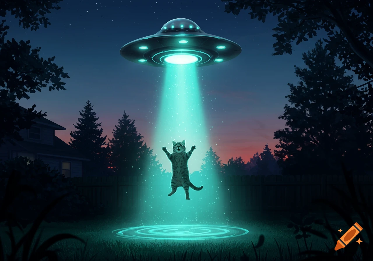 A wide-eyed tabby cat with outstretched paws floats in a bright turquoise beam from a UFO hovering above a suburban backyard at night.