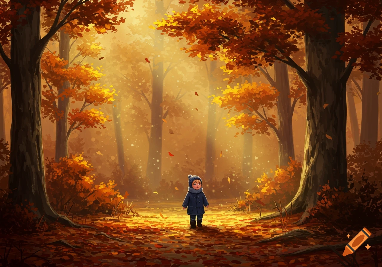 A young child in a blue coat walks alone through a vibrant autumn forest with golden leaves and dappled sunlight in a digital illustration.