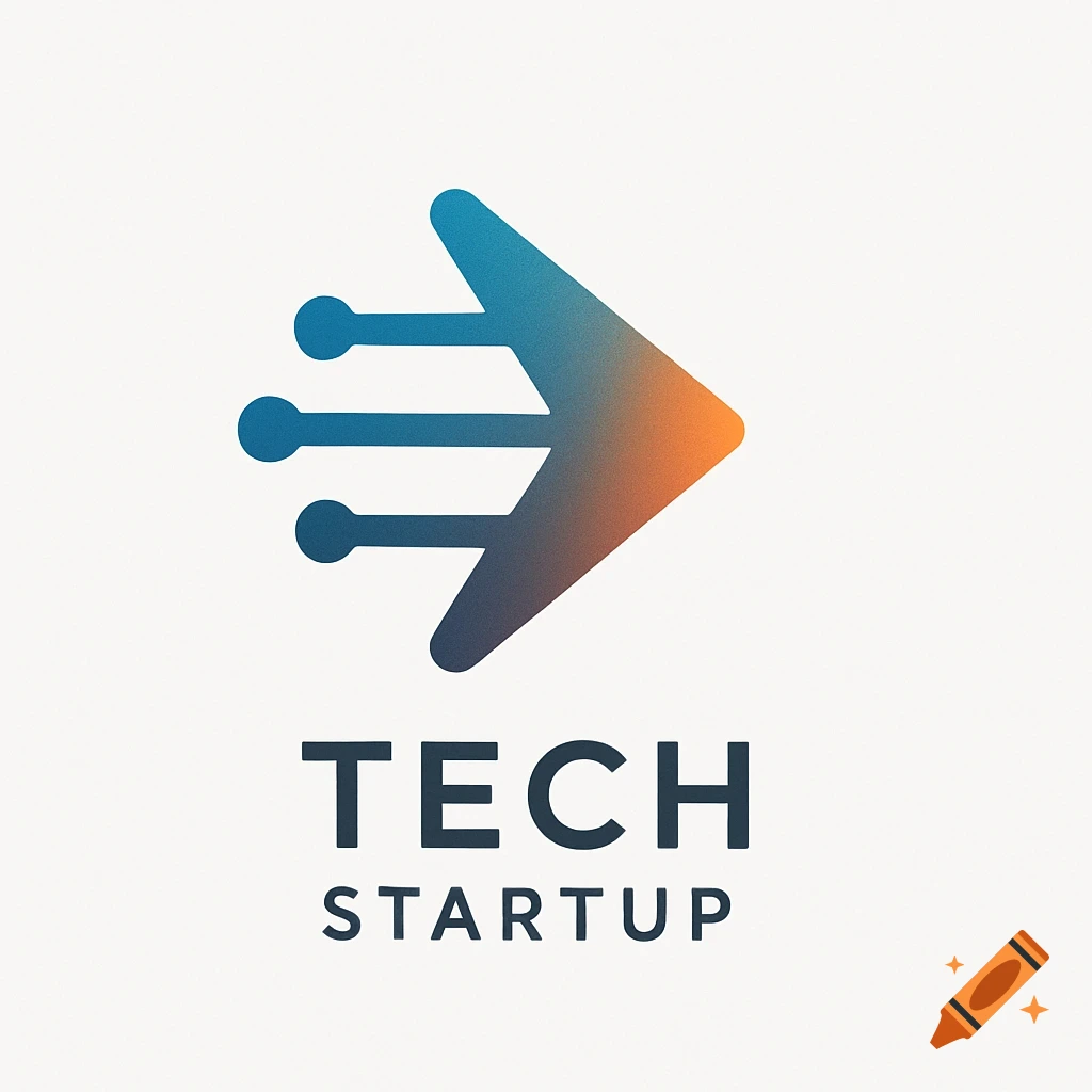 A gradient blue and orange arrow logo with three lines on the left leading into it. Below the logo, text reads 'TECH STARTUP'.