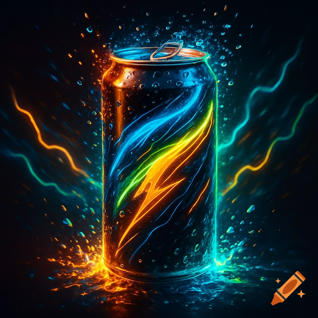 A vibrant energy drink can glows with neon blue, yellow, and orange light, surrounded by water splashes and abstract energy lines.