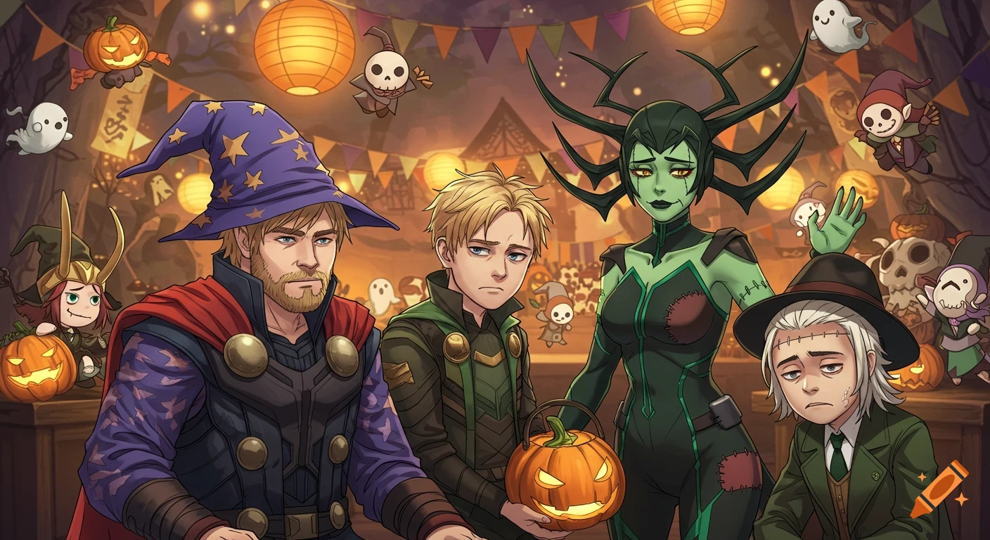 Anime-style Halloween party with Marvel characters in costumes: Thor as a wizard, Loki holding a jack-o'-lantern, Hela in a stitched green monster costume, and Frankenstein's monster in a suit. Cute ghosts and pumpkins float around a festive, decorated background.