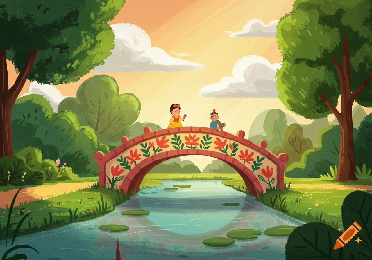 A colorful cartoon illustration of a decorative bridge over a river in a lush park, with two small figures on the bridge under a sunset sky.
