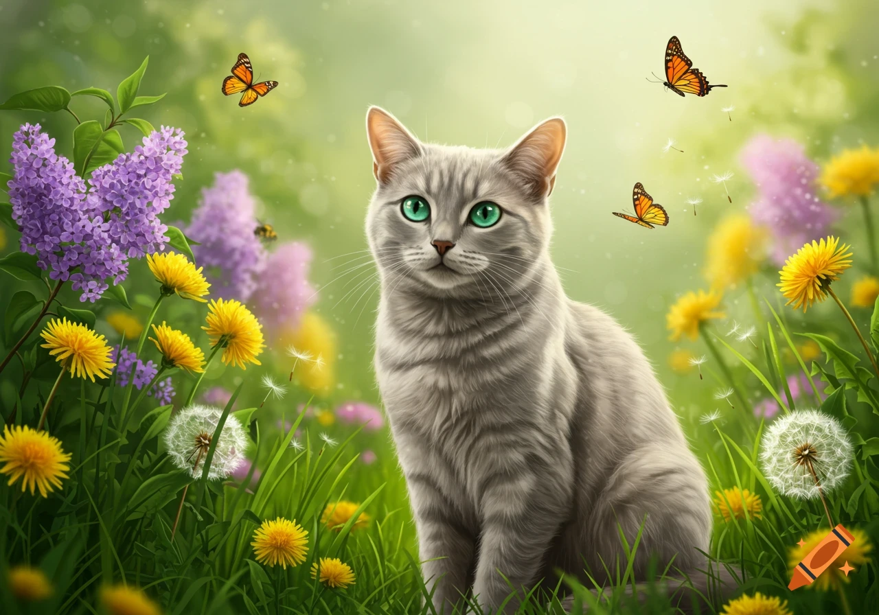 A grey cat with bright green eyes sits among yellow dandelions, purple lilacs, and flying butterflies in a lush green field.