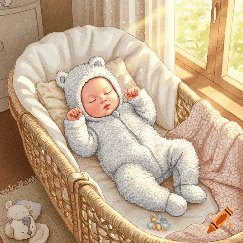 An illustration of a baby sleeping peacefully in a white bear onesie inside a wicker bassinet, bathed in sunlight.