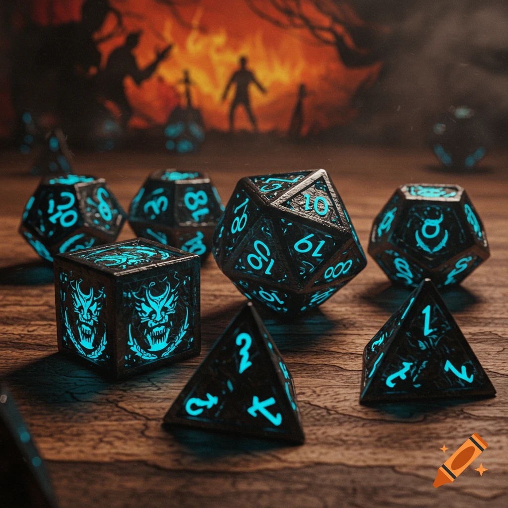 Close-up of a set of black glow-in-the-dark polyhedral dice with turquoise numbers and dragon symbols, against a blurred fiery background with shadowy figures.