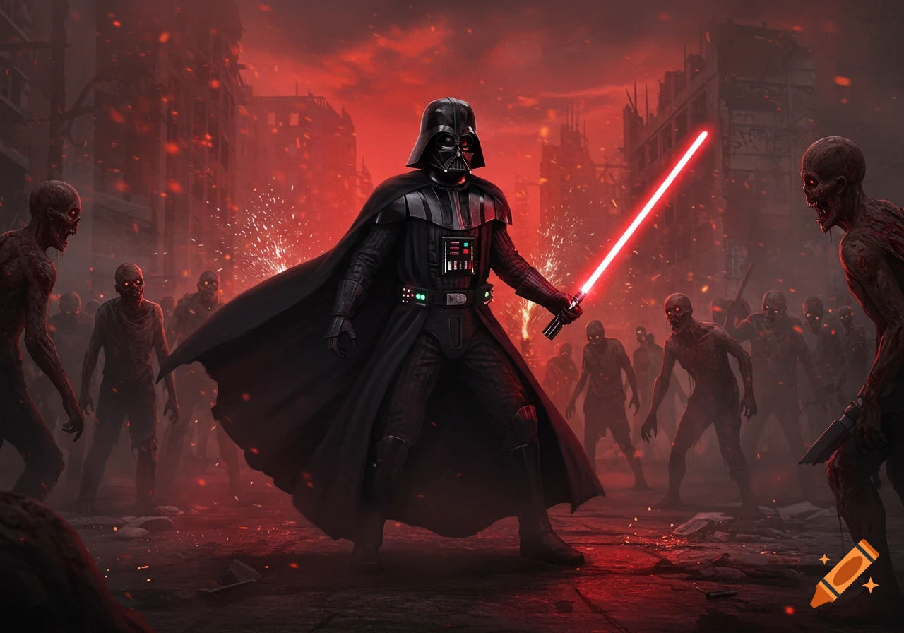 Darth Vader with a red lightsaber battles a horde of zombies in a burning, ruined city under a red sky.