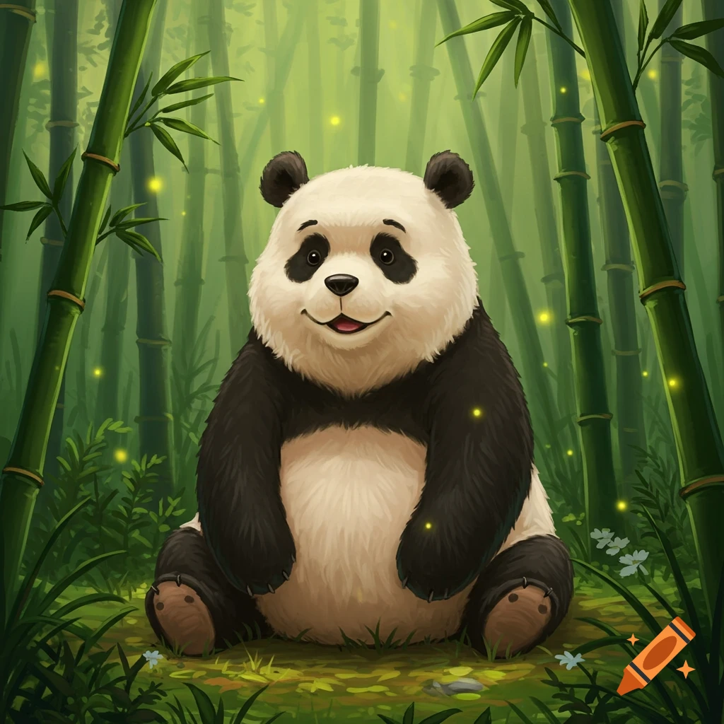 A cute, smiling cartoon panda sits in a vibrant bamboo forest with glowing fireflies, rendered in an illustrated style.
