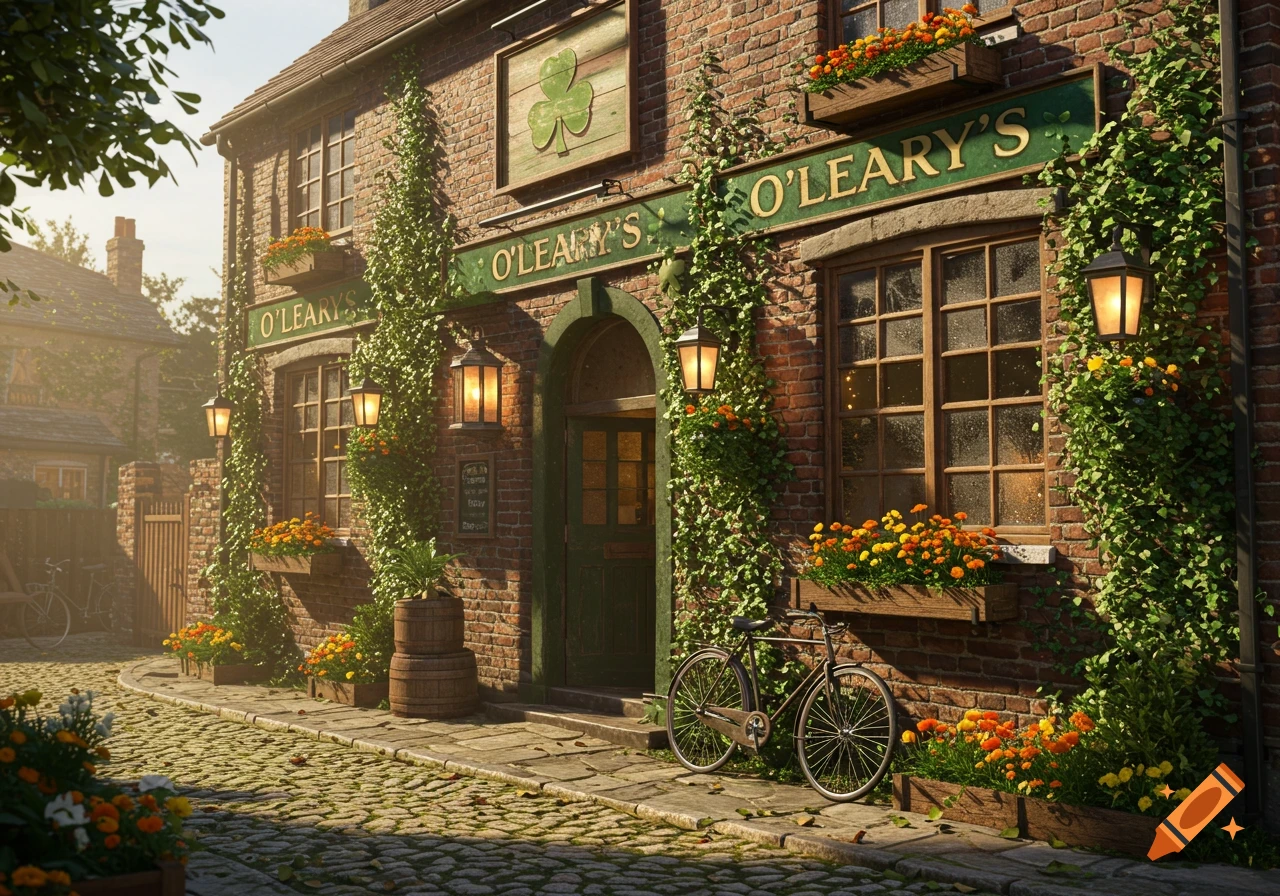 Photorealistic image of a quaint Irish pub named O'Leary's on a cobblestone street, adorned with flowers and vines, with a bicycle parked outside.