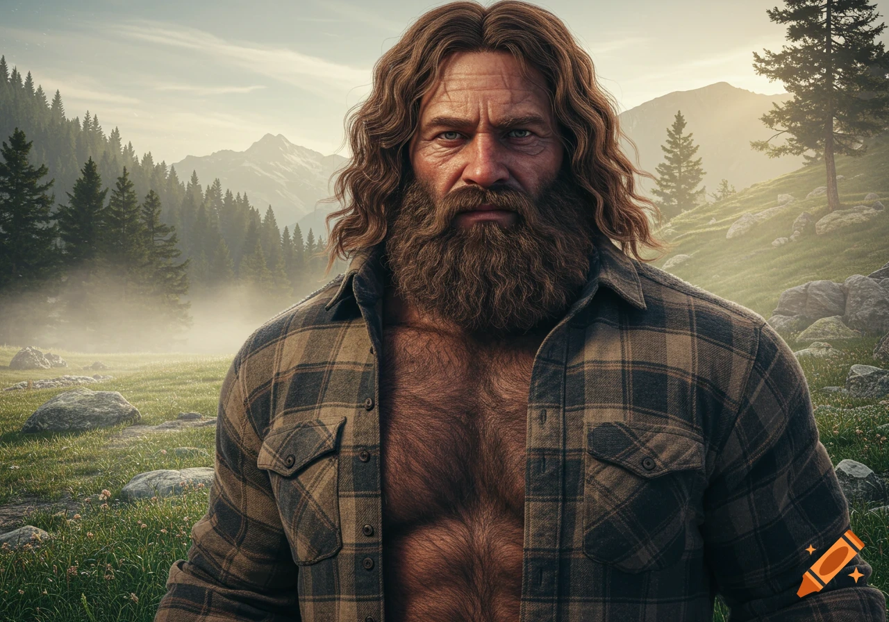 A rugged man with long brown hair and a thick beard wears an open plaid shirt, revealing a hairy chest, standing in a misty mountain forest.