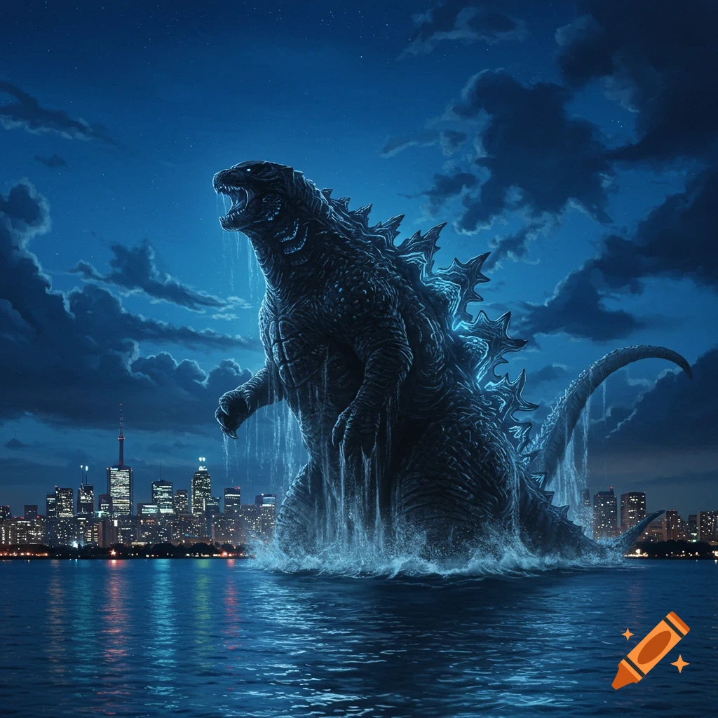 Giant dark Godzilla roars emerging from a moonlit lake at night, with a distant city skyline under a cloudy sky.