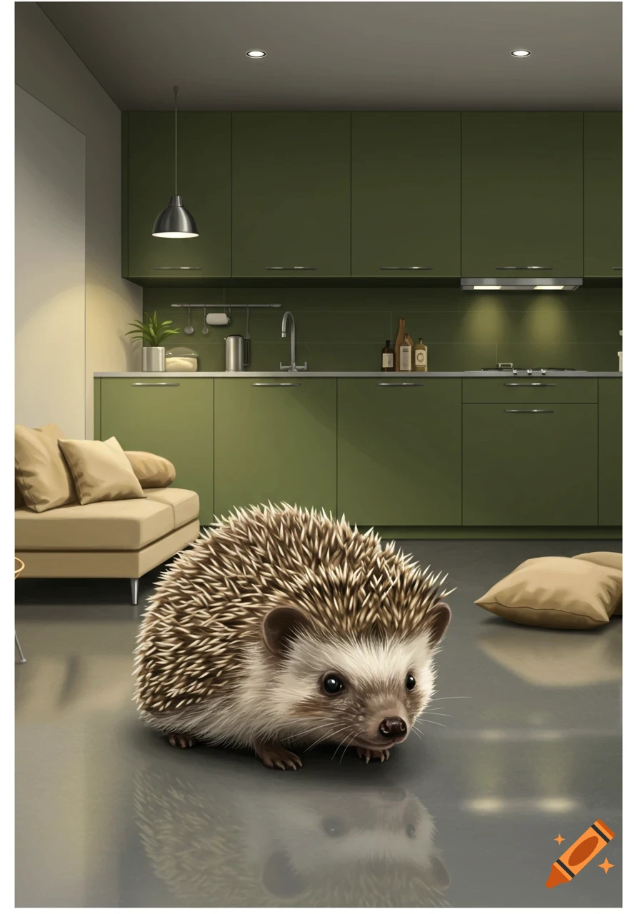 A photorealistic hedgehog sits on a grey floor in a modern olive green kitchen with beige cushions.