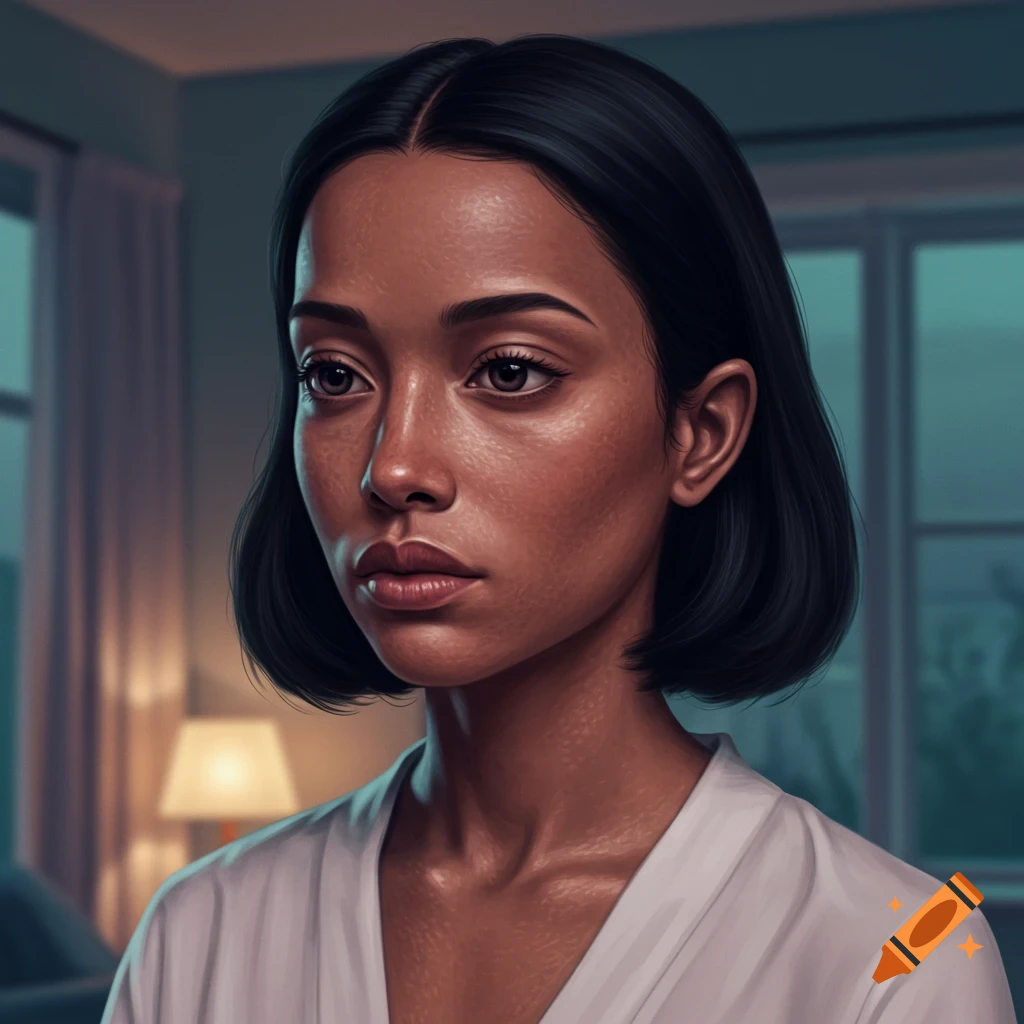 A digital portrait of a woman with dark skin and short dark hair, looking solemn in a dimly lit room.