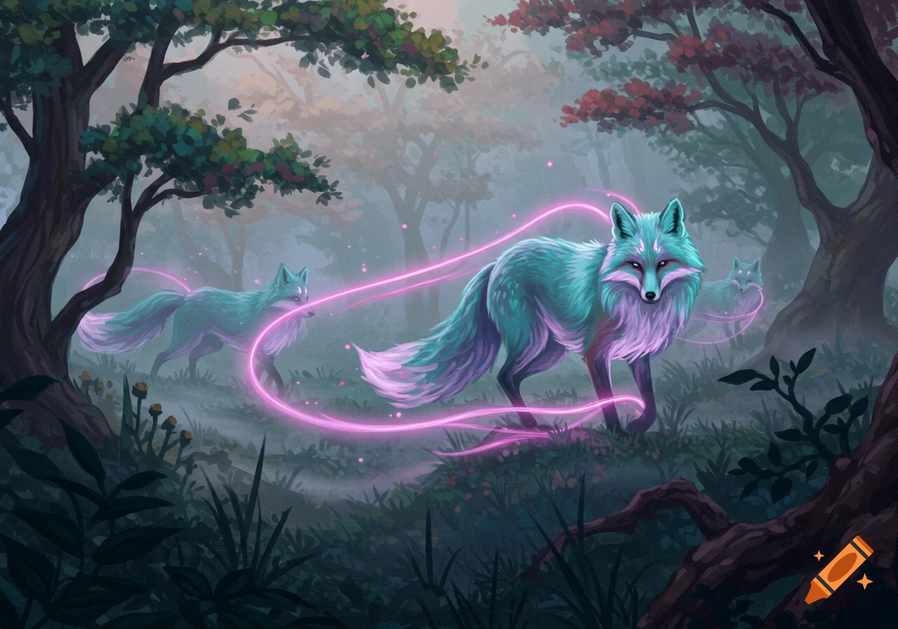 Teal and purple fox spirits with glowing fur and pink light wisps move through a misty forest.