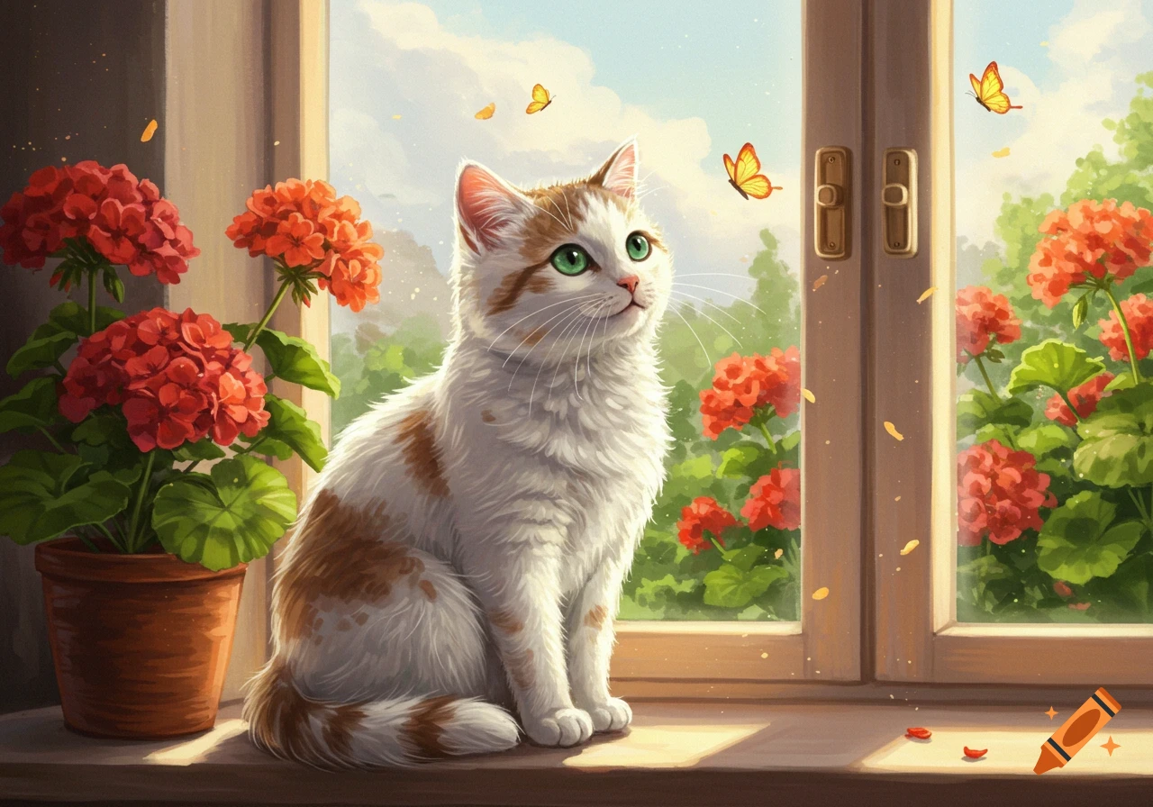 A cute white and brown cat sits on a sunlit windowsill, looking up at butterflies, surrounded by red flowers in an illustration style.