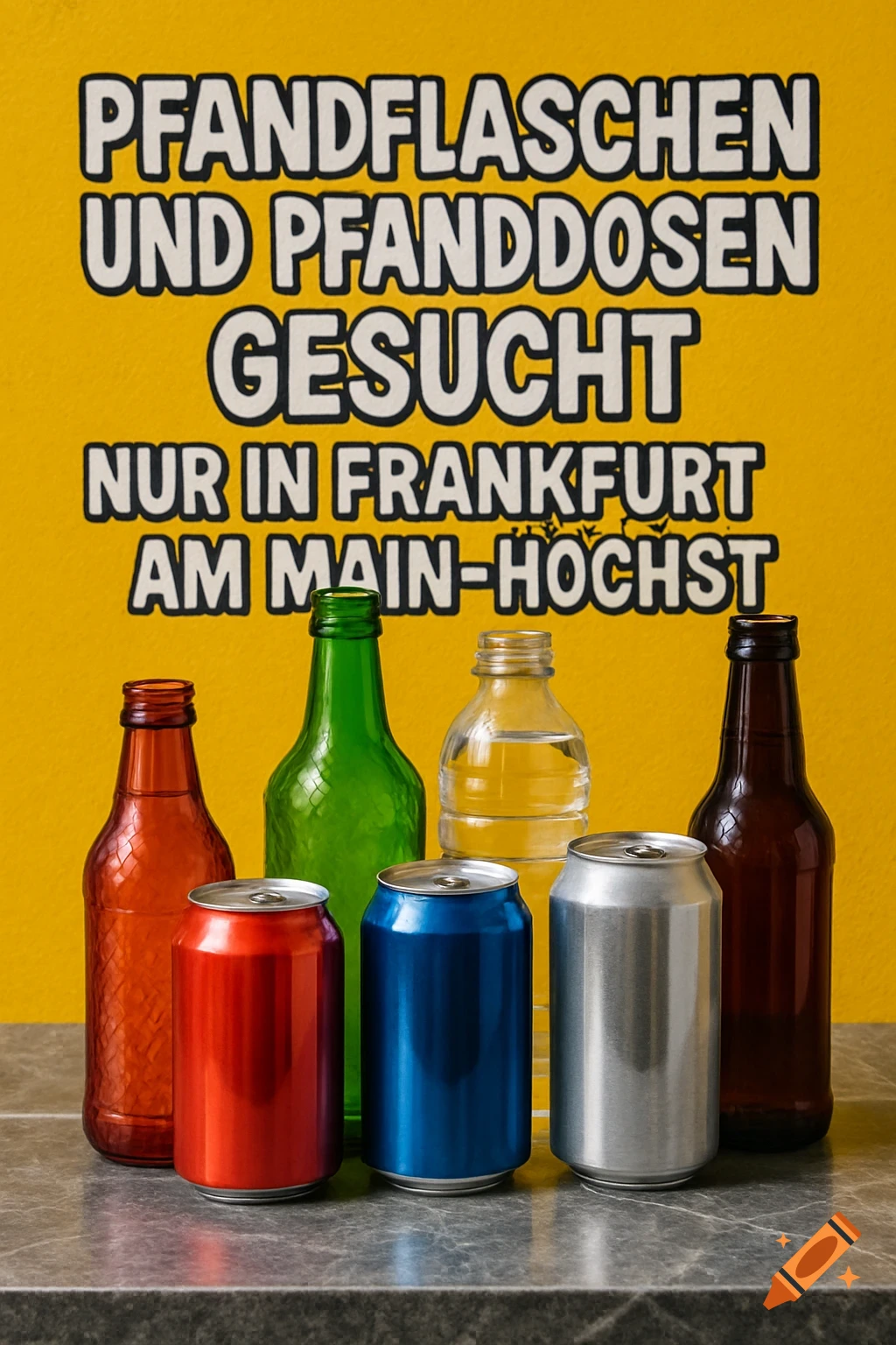 Close-up photo of various colored beverage bottles and cans on a gray marble table against a yellow background with German text.
