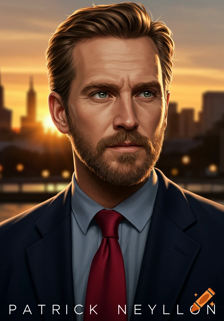 Digital art portrait of a serious bearded man in a navy suit and red tie, against a golden city skyline at sunset.