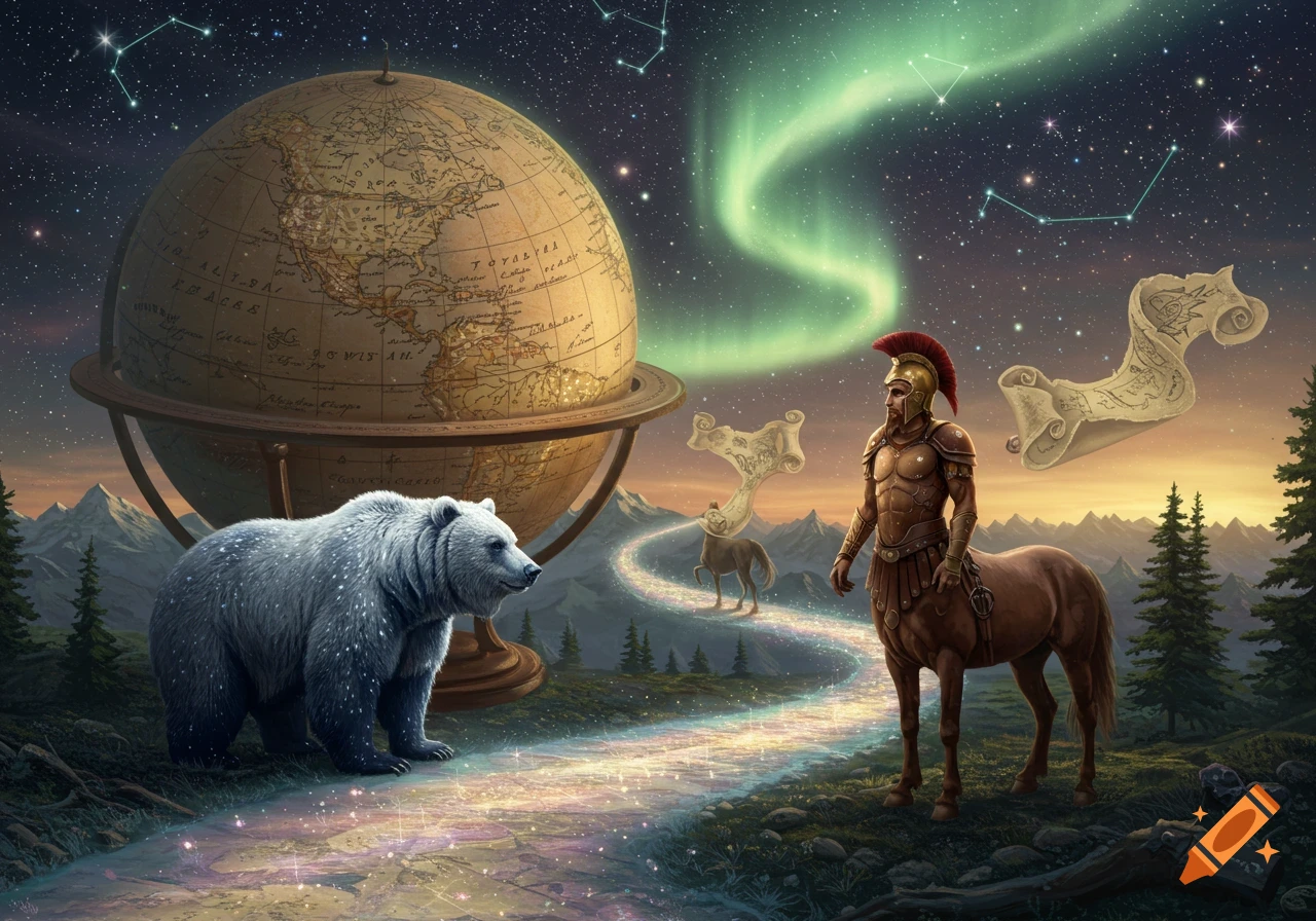 A centaur in armor and a polar bear stand on a sparkling path under a starry sky with aurora borealis, a large globe, and floating scrolls.