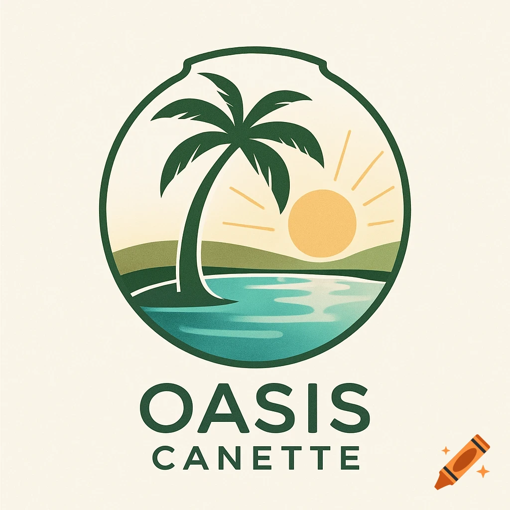 A stylized circular logo featuring a palm tree on an island with water, a sun, and hills. Text below reads "OASIS CANETTE".